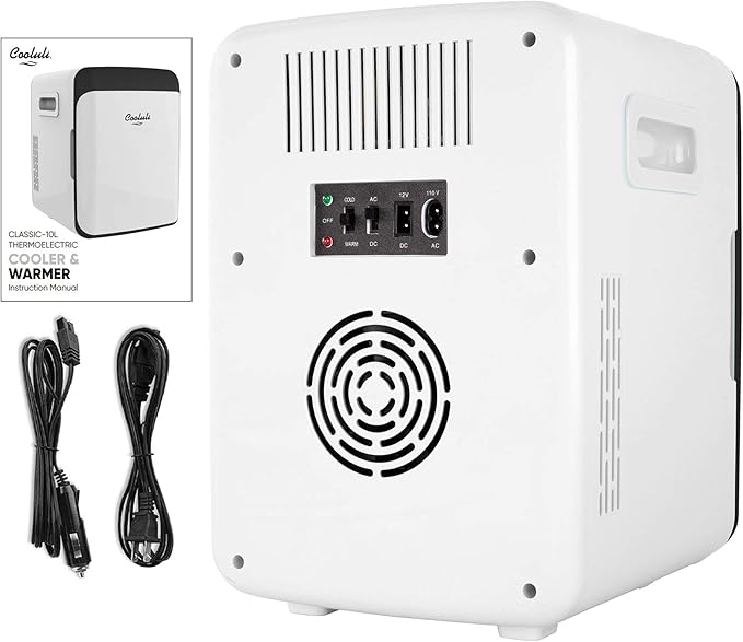 Cooluli 10L Mini Fridge for Bedroom - Car, Office Desk & College Dorm Room - 12V Portable Cooler & Warmer for Food, Drinks, Skincare, Beauty, Makeup & Cosmetics - AC/DC Small Refrigerator (White)