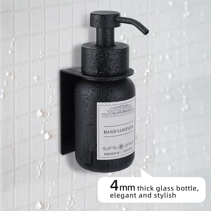 Black Glass Soap Dispenser Wall Mount for Bathroom with Pump and Drill-Free Holders - 8.5 Oz Hand Soap Dispenser, Shower Dispenser with Waterproof Labels