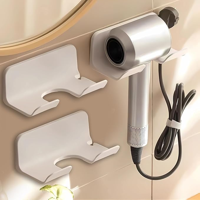 Universal Hair Dryer Holder, Blow Dryer Hanger Wall Mount for Hair Dryer Hook with Plug&Cord Organizer Self Adhesive for Cabinet Bathroom(2 Pack White)