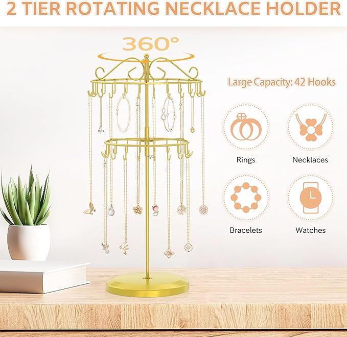 iDavosic.ly 2 Tier Rotating Necklace Holder Organizer with 42 Hooks, Adjustable Metal Bracelet Display Stand Rack, Extra Tall Keychain Spinning Tree Tower for Women, Gold
