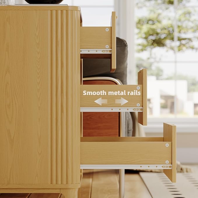 3 Drawer Fluted Dresser for Bedroom Set of 2, Modern Curved Closet Dressers Chest of Drawers, 23.6" Rustic Wood Nightstand 3-Drawer Dresser Bedside Table, End Table with 3 Large Drawers Natural