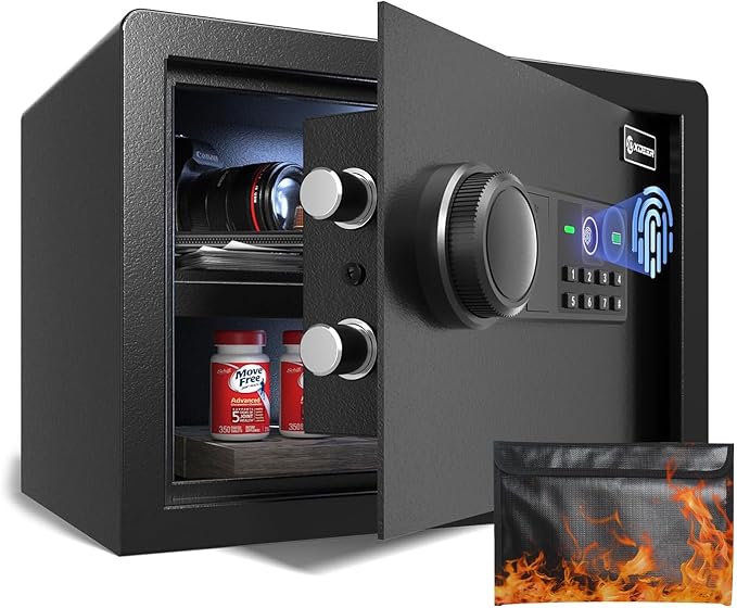XDeer Biometric Safe Box with Fireproof Bag, Quick-Access Security Safe Box with Upgraded Fingerprint, Steel Handgun Safe Lock Box for Kid/Home/Office (0.78 Cu.Ft+ Bag)