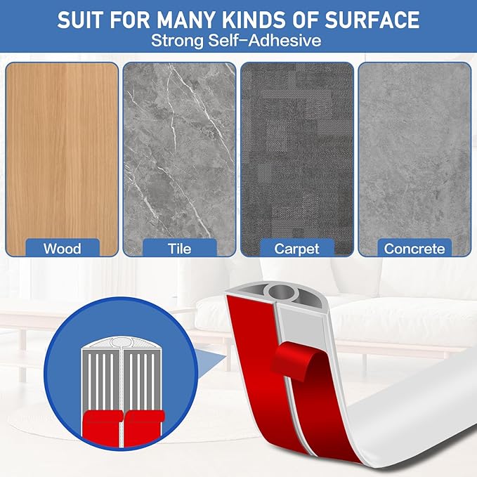 Floor Cord Cover Self Adhesive Cord Hider Floor Extension Cord Covers for Floor Power Cord Protector Cable Management Prevent Cable Trips Cable Cavity 0.32" W x 0.32" H (White, 10Ft)