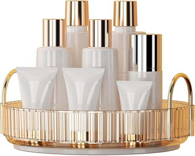YCIA&DONE 360 Rotating Makeup Organizer and Storage for Vanity Countertop 1 Tier, High Capacity Cosmetic Skincare Perfume Organizers for Dresser Bathroom Fridge Lazy Susan (Amber Gold)