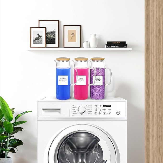 3 Pack 50 oz Laundry Detergent Dispenser Set with Bamboo Lids and Handles - Liquid Laundry Containers