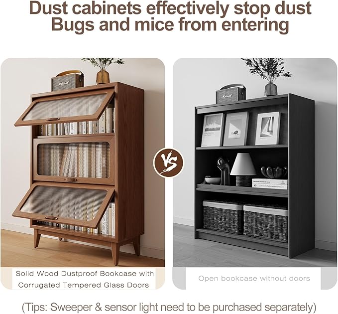 3 tier solid wood book case with corrugated tempered glass doors, dusty wooden bookshelf dark brown Flip-Up Glass Front Doors book cases/shelves for home office room with installation tool