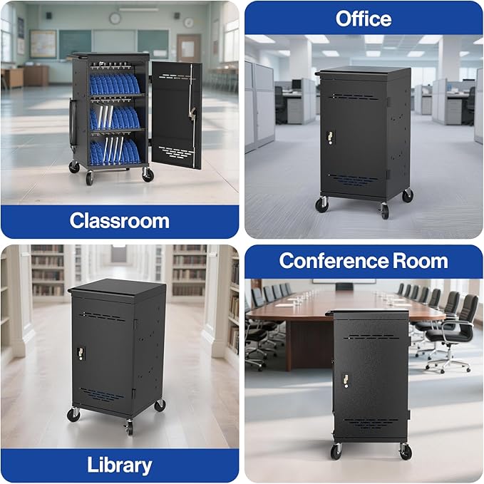 POCHAR Fully Assembled 30 Unit Device Charging Station for Chromebook, iPad, 14'' Laptop - Charging Cart with Charger Cable Management, Circuit Breaker, Grounding Protection