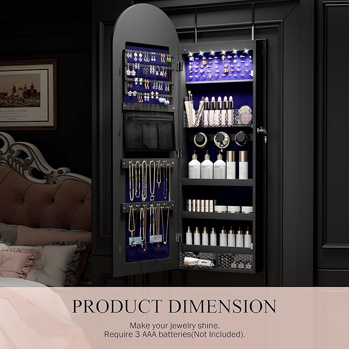 Jewelry Cabinet Organizer with Mirror, 47 inch Lockable Full-Length Mirror Jewelry Armoire Hanging Door/Wall Mounted with 6 LEDS, Arched Framed Mirror Cabinet with Storage, Gift for Women, Black
