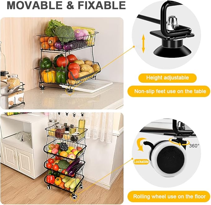 Miyawell Fruit Vegetable Storage Basket, 4 Tier Stackable Metal Wire Storage Baskets with Wheels, Fruit Vegetable Produce Basket Organizer Bins for Kitchen, Pantry, Bathroom