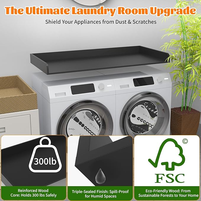 Washer Dryer Countertop, Laundry Room Wood Countertop with Edge, 54" x 27.5" Top Cover for Laundry Machine, Washer and Dryer Wood Shelf Topper for Laundry Room Counter Storage Organization, Black