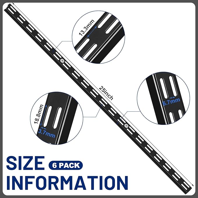 6 Pcs Dual Track Upright Wall Shelving System Heavy Duty Support System Twin Slot Shelf Rail Shelf Standards for Pantries Linen Closets Laundry Rooms(Black,25 Inch)
