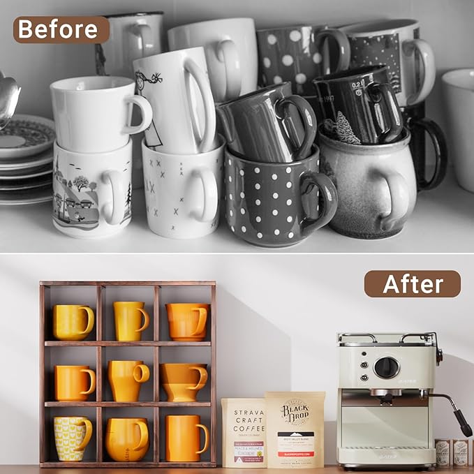Helsin 9 Grid Vintage Coffee Mug Display Rack, 16inch Wall Mounted Wooden Curio Shadow Box Shelf, Cup Floating Shelves Display and Organizer (Bronze)