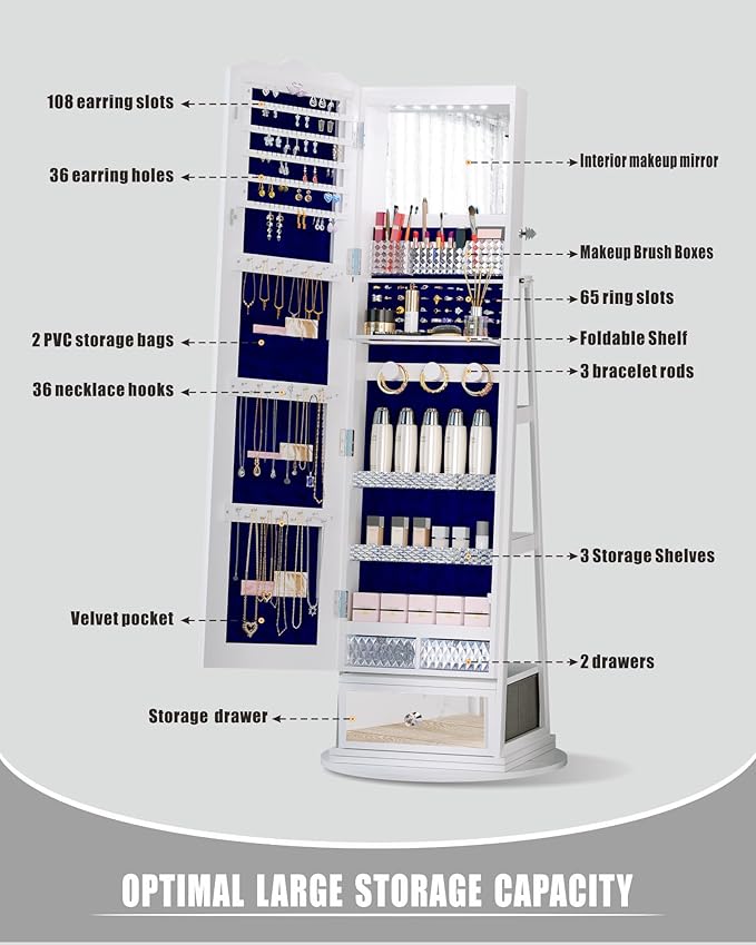 Full-Length Mirror Jewelry Cabinet Standing, 360° Swivel Jewelry Armoire with Mirror and LED Lights, Built in Mirror & Large Storage Shelves & Drawer, White