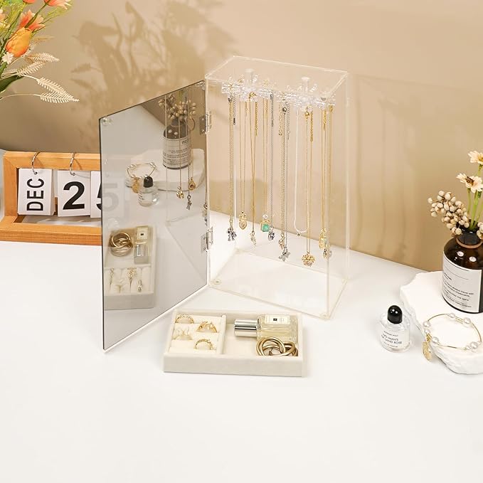 Acrylic Jewelry Organizer with Mirror - 24 Rotating Hooks, Velvet Tray for Necklaces, Rings & Earrings - Clear Necklace Holder Organizer, Rotating Jewelry Box, Elegant Necklace Jewelry Box for Women