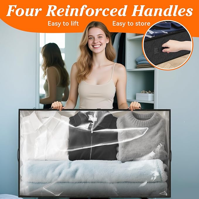 SpaceWhisper 90L Under Bed Storage Containers, 6-Pack Storage Bins with Clear Top, Foldable Closet Organizers and Storage with Label Holder for Clothing, Blankets, Comforter & Pillows(Black)
