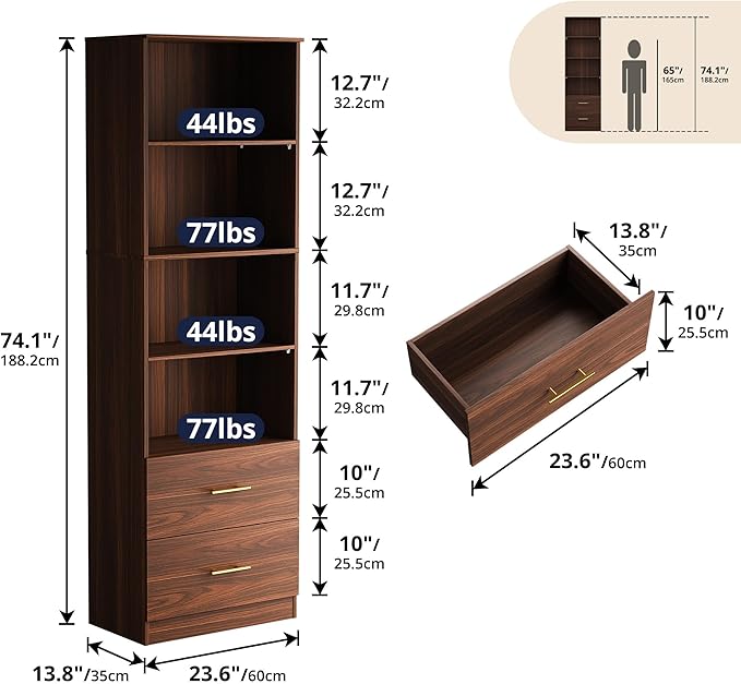 Cozy Castle 74.1'' Bookshelf,Tall Bookcase with Drawers, 4-Tier Open Bookshelf with Adjustable Storage Shelves,23.6 Inches Wide Floor Standing Bookcase for Home Office,Bedroom,Living Room,Brown