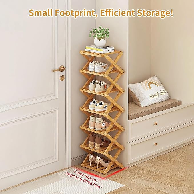 YYW Bamboo Shoe Rack for Entryway,Installation-Free and Foldable Vertical Shoe Storage Organizer,Free Standing Shoe Racks Shelf Closet Shoe Organizer for Living Room (Tawny-7 Layers)