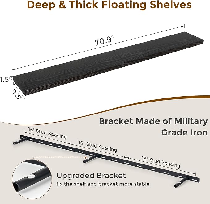 Fun Memories 72 Inch Floating Shelves Black, 72 x 9.3 Rustic Wooden Fireplace Mantel, 9.3 Inch Floating Shelf for Wall, Farmhouse Wall Shelves for Home Storage & Display