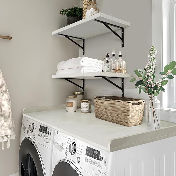 Kaboon Washer Dryer Countertop, Melamine Countertop with Edge Rails - 27.5" Depth x 54" Width Laundry Room Organization, Sea Salt/Greylish White