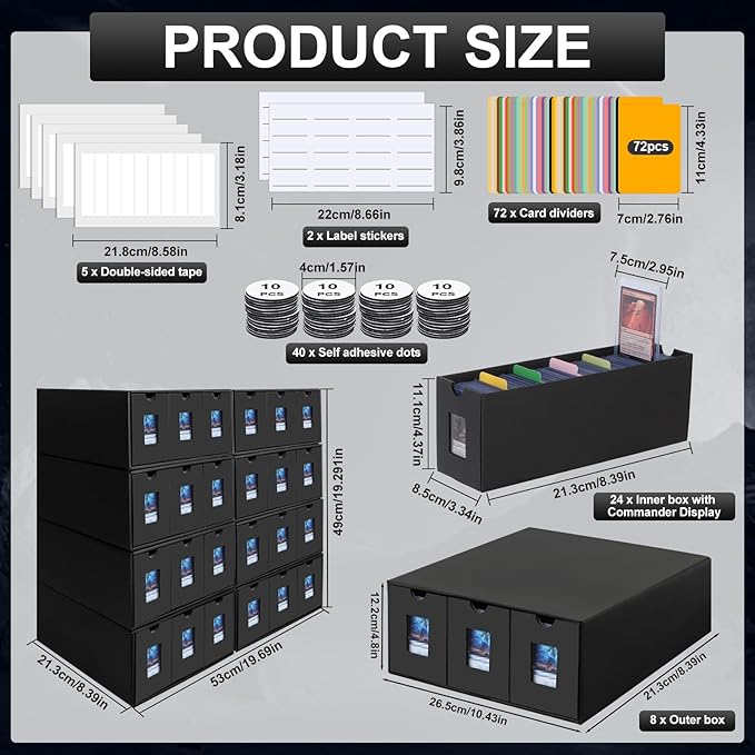 14400+ Card Storage Box, 2700+ Toploader Storage Box for Commander Display,with 72 Dividers, Labels & Tapes,Fit for TCG, PTCG, MTG