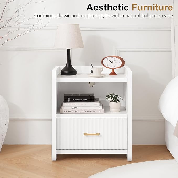 Night Stand with Charger Station, Fluted Nightstands Set of 2 with Drawer, Modern Bedside Table Set of 2, Wide Nightstands for Bedroom, Mid Century Wooden Night Stands for Home Sofa Couch