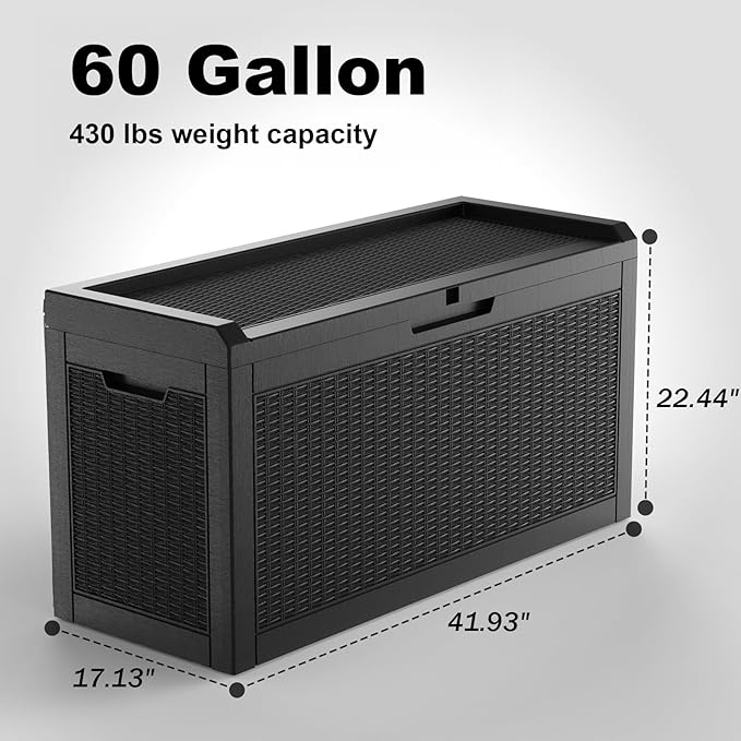 60 Gallon Waterproof Resin Deck Box, UV Resistant Outdoor Storage for Garden, Patio, Porch, Delivery, Black