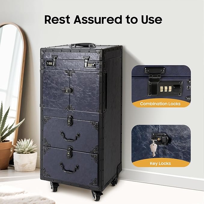 JOMCYDM Rolling Makeup Case with Wheels,Large Storage Cosmetic Trolley,Manicure Professional Large Storage Organizer, Traveling Trunk with Drawer for Makeup/Nail/Hair Styling