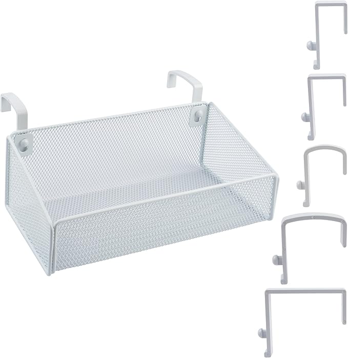 Bedside Shelf for Bed & Bunk Bed Storage Basket Office Cubical Wall Hanging Organizer - 5 Different Size Hooks - College Dorm Home Office Essentials for Phone,Book,Drink,Tissue (White)