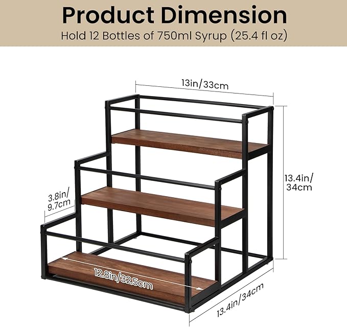 THYGIFTREE Coffee Syrup Rack Organizer 3-Tier 12 Syrup Bottles Holder Stand for Coffee Bar Station Storage Shelves for Syrup, Wine, Dressing for Kitchen