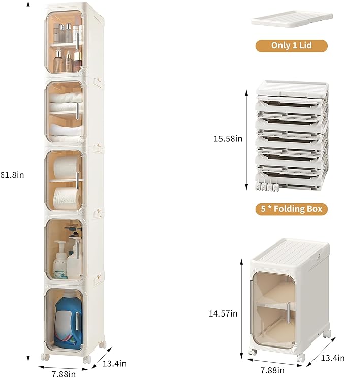 Narrow Bathroom Storage Cabinet with Wheels,5-Tier Plastic Slim Organizer with Adjustable Shelves for Small Spaces,Bathroom, Kitchen, Laundry,Milky White