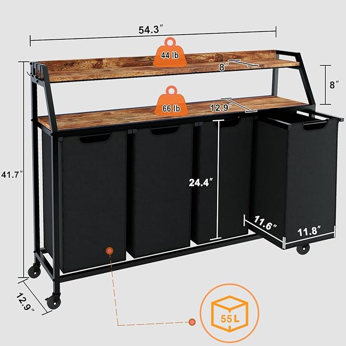 Laundry Hamper, Laundry Sorter with 4 Section, Rolling Basket with Wheels, 2 Shelves, 4 14.5 Gal, Pull-Out and Removable Oxford Fabric Bags for Laundry Room, Black and Rustic Brown