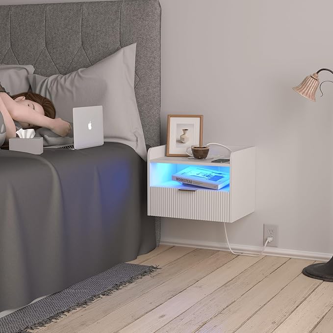 White Floating Nightstand with Charging Station and LED Lights (White)
