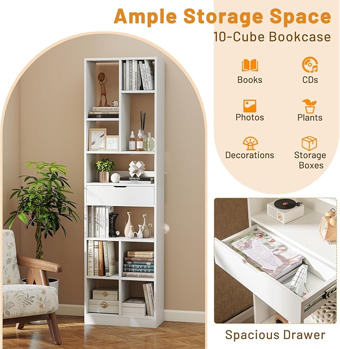 Tangkula 71” Tall Bookcase with Drawer, Modern Bookshelf with 10 Open Cubes, Floor Standing Display Rack Storage Cabinet with Anti-Tipping Kits for Living Room, Study, Office (1, White)