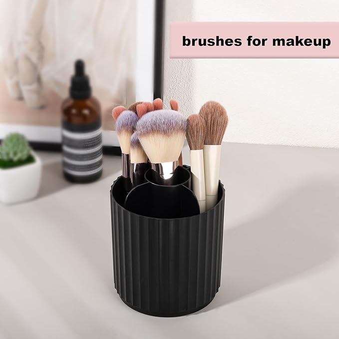 Anyoifax Makeup Brush Holder Organizer 360°Rotating Make Up Brushes Container for Vanity, Spinning Cosmetics Storage Cup, Stripe Black