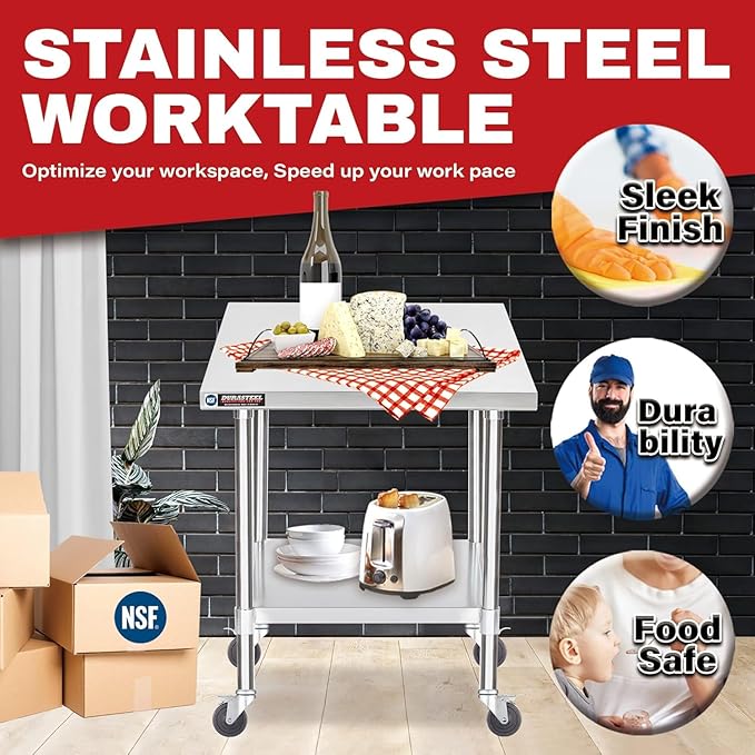 DuraSteel 30x30 NSF Stainless Steel Cart Work Table - Heavy Duty Rolling Food Prep Table Countertop Island - Metal Utility Cart on Wheels Caster, Grill Stand Storage Outdoor Kitchen Tables Bar Top