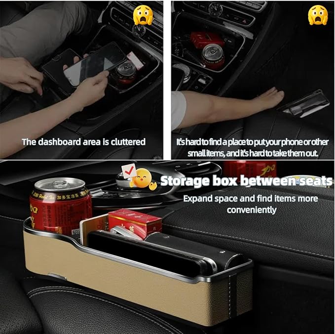 DEEYOTA a Gap Filler Organizer with Cup Holder, Car Seat Organizer Auto Console Side Storage Box Organizer for Car Front Seat (Beige)
