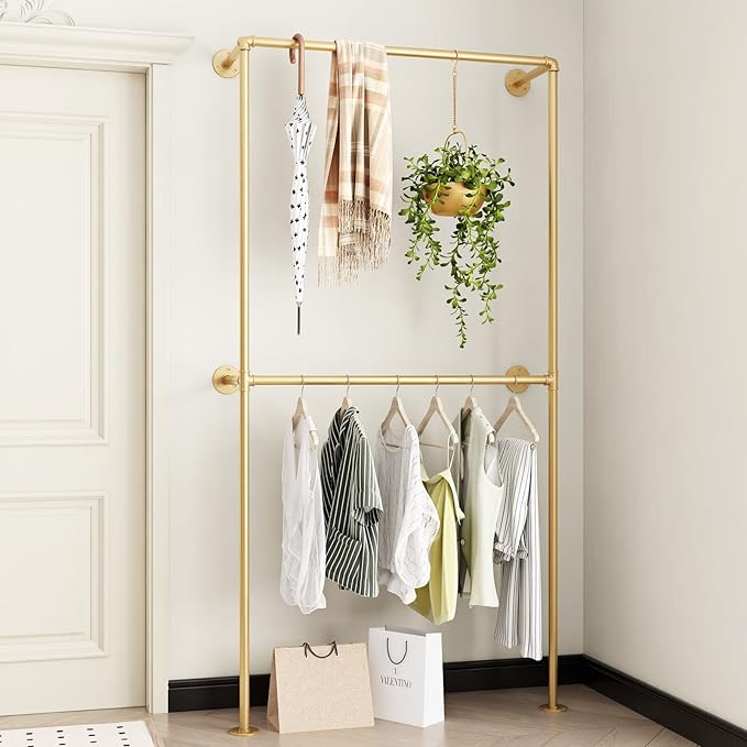 Gold Clothing Racks Wall Mount Clothes Rack, Heavy Duty Industrial Pipe Clothing Rack Retail Display Hanging Rod for Closet Storage, Laundry Room(Gold)
