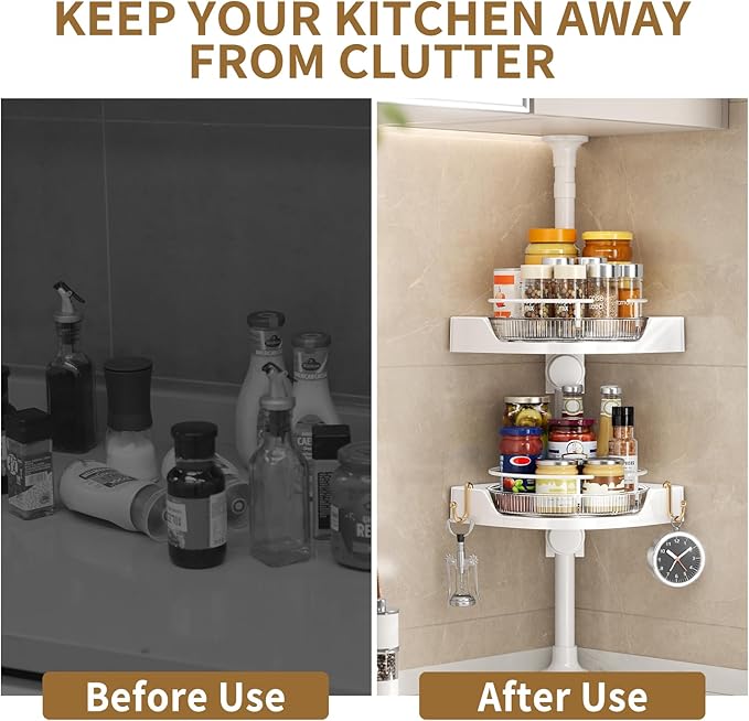 Standing Spice Rack Organizer, Counter Corner Double Tier Lazy Susan, Height Adjustable 360 Rotating Storage Rack with Hooks for Kitchen & Bathroom Corners (White)