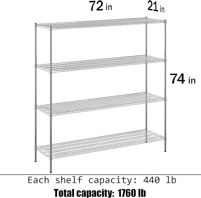 21" Deep x 72" Wide x 74" Height Wire Shelving Kit | 4-Tier | NSF Commercial Storage Rack Unit
