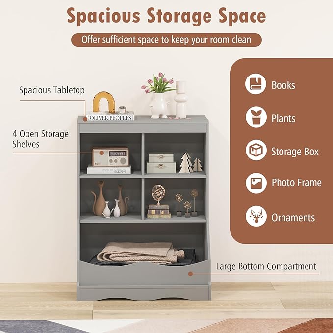 Storage Organizer, Small Bookcase w/ 4 Open Cubes & 1 Bottom Compartment, Anti-Tipping Device, Foot Pads, Low Cube Bookshelf for Bedroom, Living Room, Playroom, Study, Small Spaces (Gray)