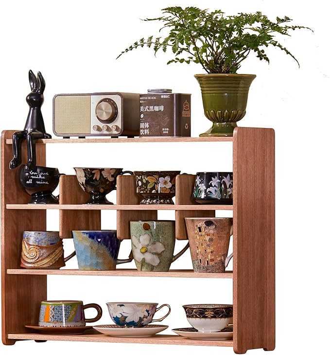Coffee Cup Holder for Countertop Walnut Wood Coffee Mugs Holder for Kitchen Mug Display Rack (4-Tier wood A)
