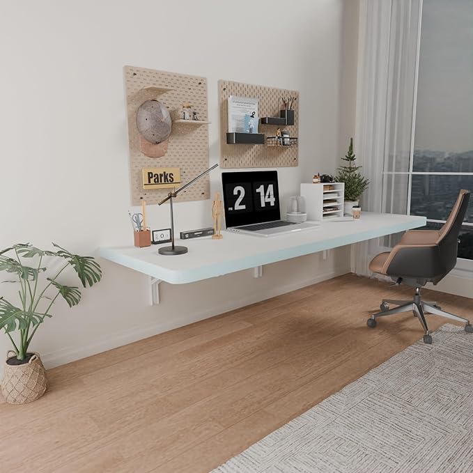 IAE Wall Mounted Folding Table with Pine Wood,48" x 16" Floating Wall Desk,Laundry Folding Table with Shelf Brackets,Fold Down Desk Shelf,Folding Workbench for Home,Dining,Laundry Room,Kitchen,White