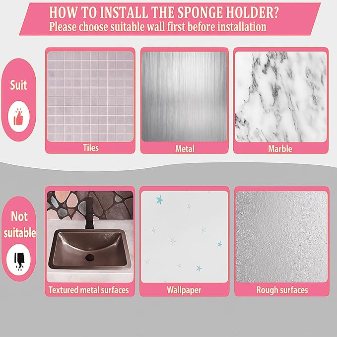 Pink Bow Sponge Holder for Kitchen Sink with Adhesive Mount Cute Bow Metal Sink Decorative In-sink Sponge Holder Organizer Coquette Preppy Pink Kitchen Decor Accessories