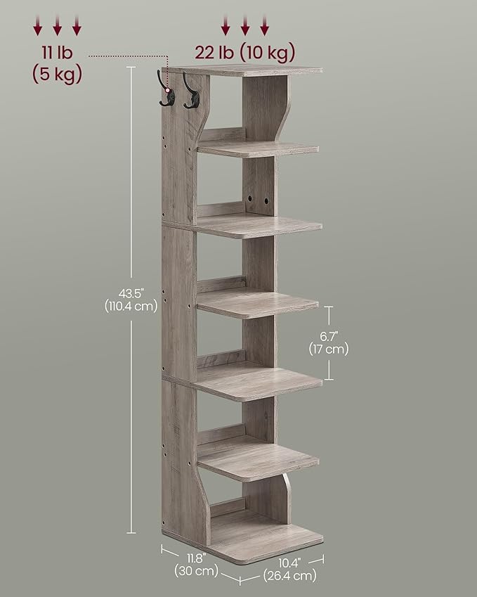 VASAGLE 7-Tier Vertical Shoe Rack, Narrow Shoe Storage Organizer with Hooks, Slim Corner Tower Shelf, Space-Saving for Entryway and Bedroom, Heather Greige ULBS200L01