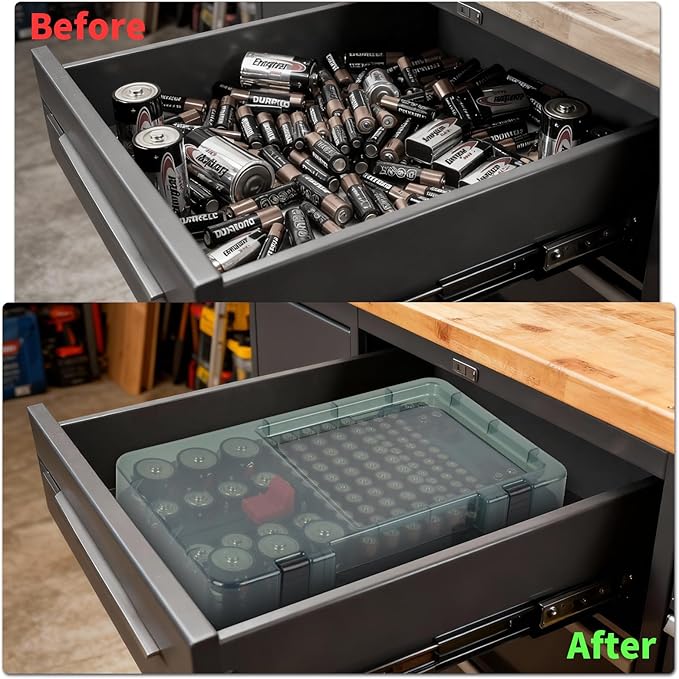 Battery Organizer with Tester, Battery Box Holder for 120+ AA AAA C D 9V 3V Lithium LR44 CR2 CR123 CR1632 18650 Batteries with Wall-Mounted Design (Black)
