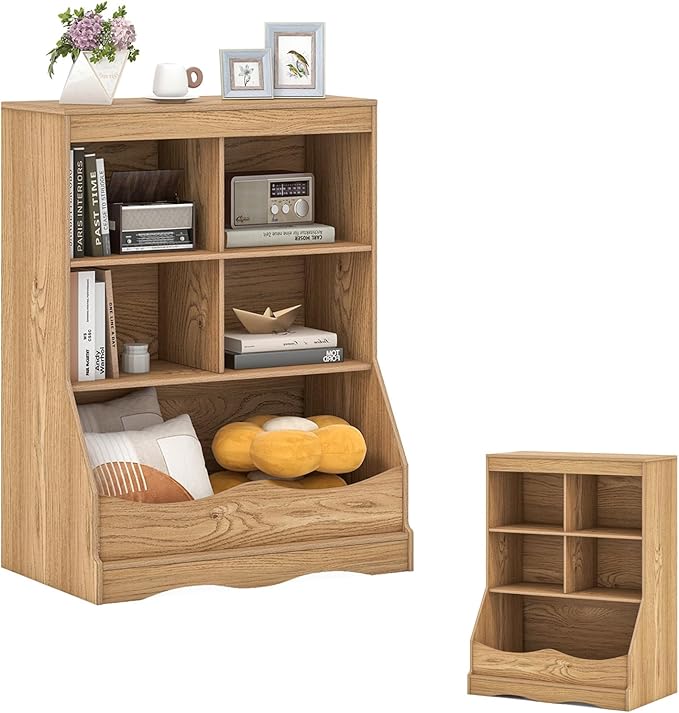 Storage Organizer, Small Bookcase w/ 4 Open Cubes & 1 Bottom Compartment, Anti-Tipping Device, Foot Pads, Low Cube Bookshelf for Bedroom, Living Room, Playroom, Study, Small Spaces (Natural)