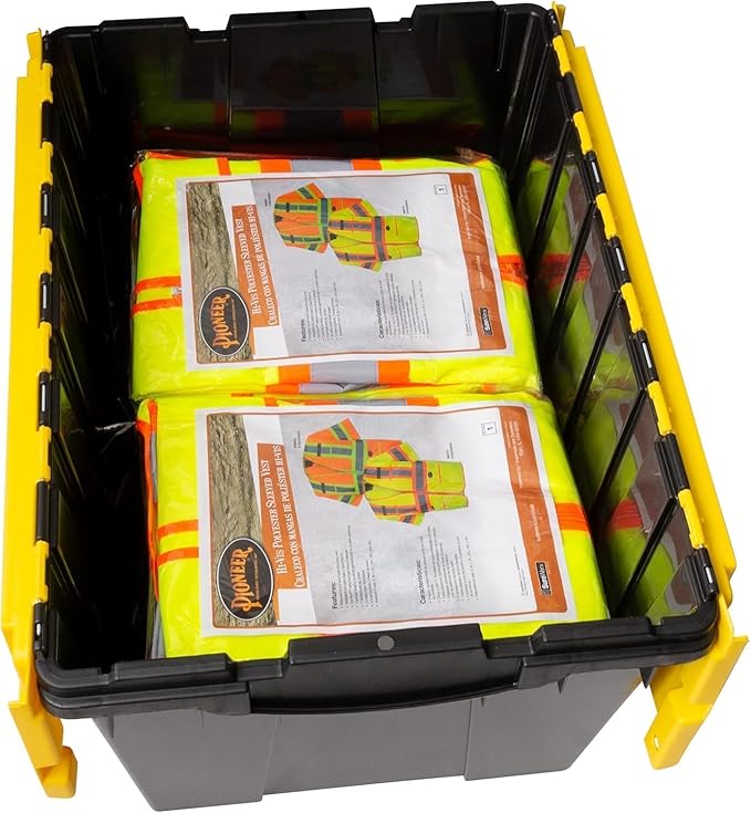 Akro-Mils KeepBox 12 Gallon Storage Container, Nesting and Stackable Plastic Storage Box with Lid Attached, Clear Tote for Garages, Closets, and Moving, 21-1/2" x 15" x 12-1/2", Black/Yellow, 6-Pack
