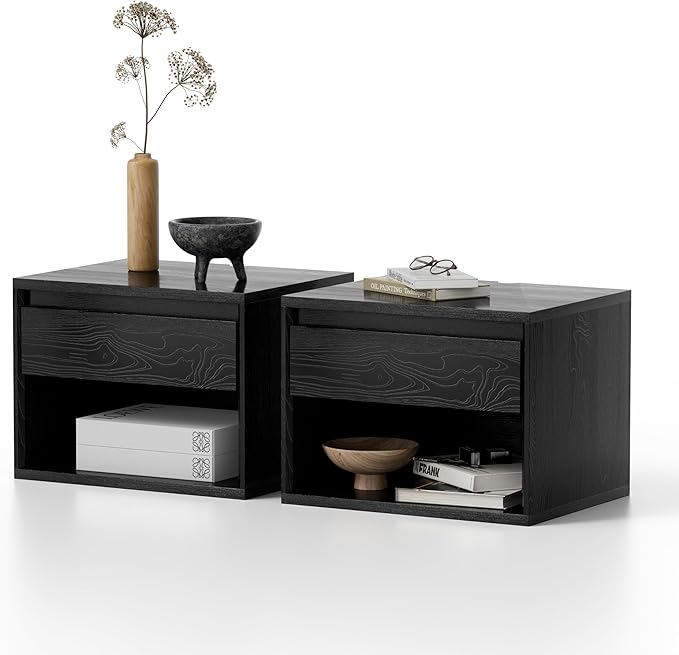 Floating Nightstand Set of 2, Wall Mounted Bedside Table with Storage Drawer and Open Shelf, Modern Night Stand with Handless Design for Living Room, Bedroom, Dorm, Black