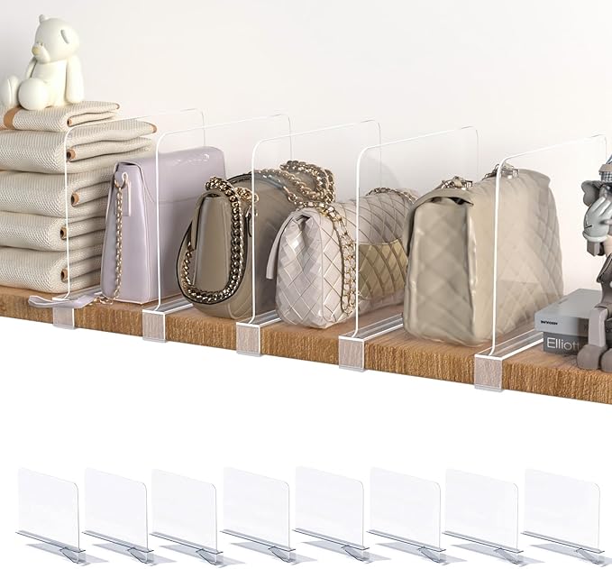8PCS Acrylic Shelf Dividers for Closet Organization,Clear Closet Dividers for Shelves,Vertical Purse Organizer for Closet,Cabinets,Wardrobes,Bookcases