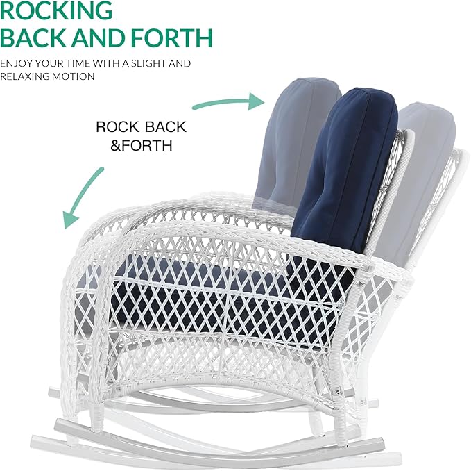 VIVIJASON 3-Piece Outdoor Conversation Bistro Set, Patio Wicker Rocking Chairs Rattan Furniture Sets w/ 2 Rattan Chairs, Cushions, Glass Top Side Table for Garden Porch Backyard (White/Navy Blue)
